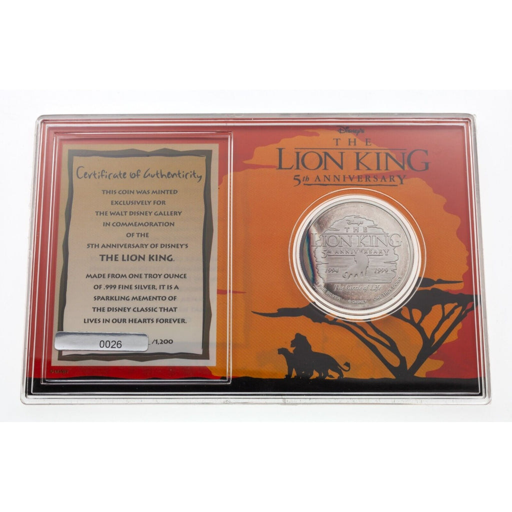 The Lion King 5th Anniversary by Disney 1 Oz. Silver Round w/ Case LE# 0026/1200