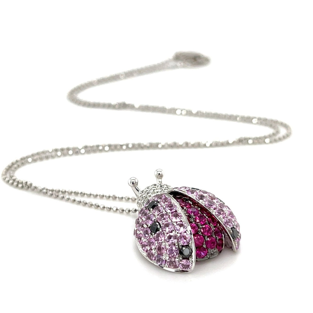 14k White Gold & Gemstone Ladybug Pendant w/ 0.35ct Diamond Accents, 16 inches.