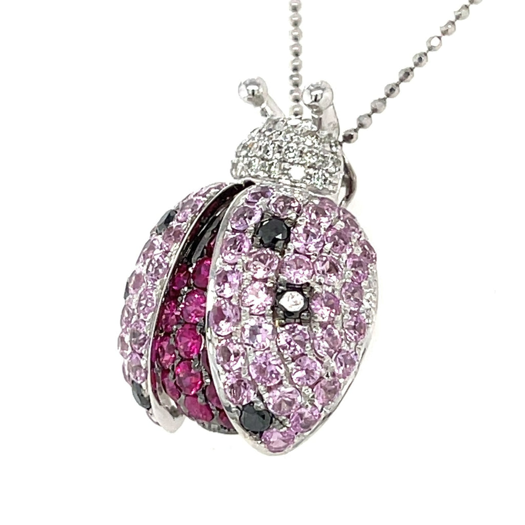 14k White Gold & Gemstone Ladybug Pendant w/ 0.35ct Diamond Accents, 16 inches.