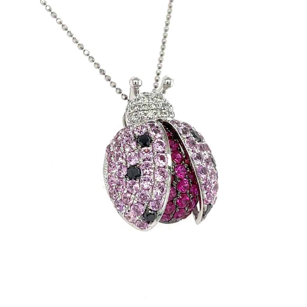 14k White Gold & Gemstone Ladybug Pendant w/ 0.35ct Diamond Accents, 16 inches.