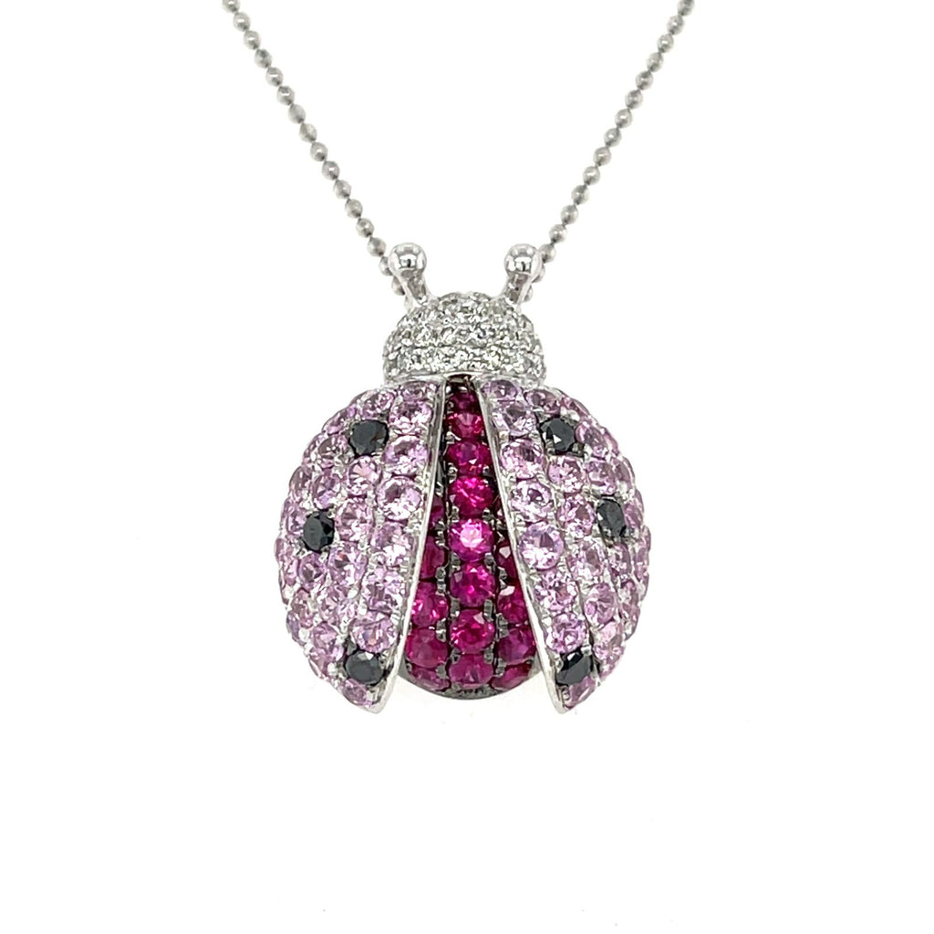 14k White Gold & Gemstone Ladybug Pendant w/ 0.35ct Diamond Accents, 16 inches.
