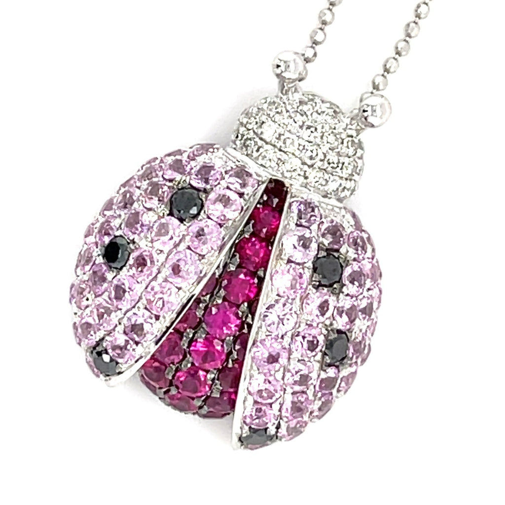 14k White Gold & Gemstone Ladybug Pendant w/ 0.35ct Diamond Accents, 16 inches.