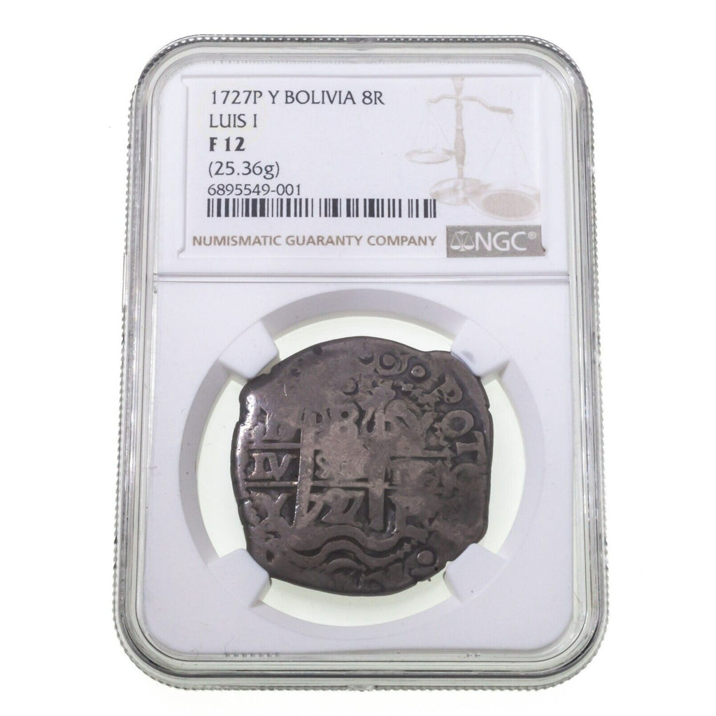 1727P Y Bolivia 8R Silver Luis I Graded by NGC as Fine 12, Nice Coin!