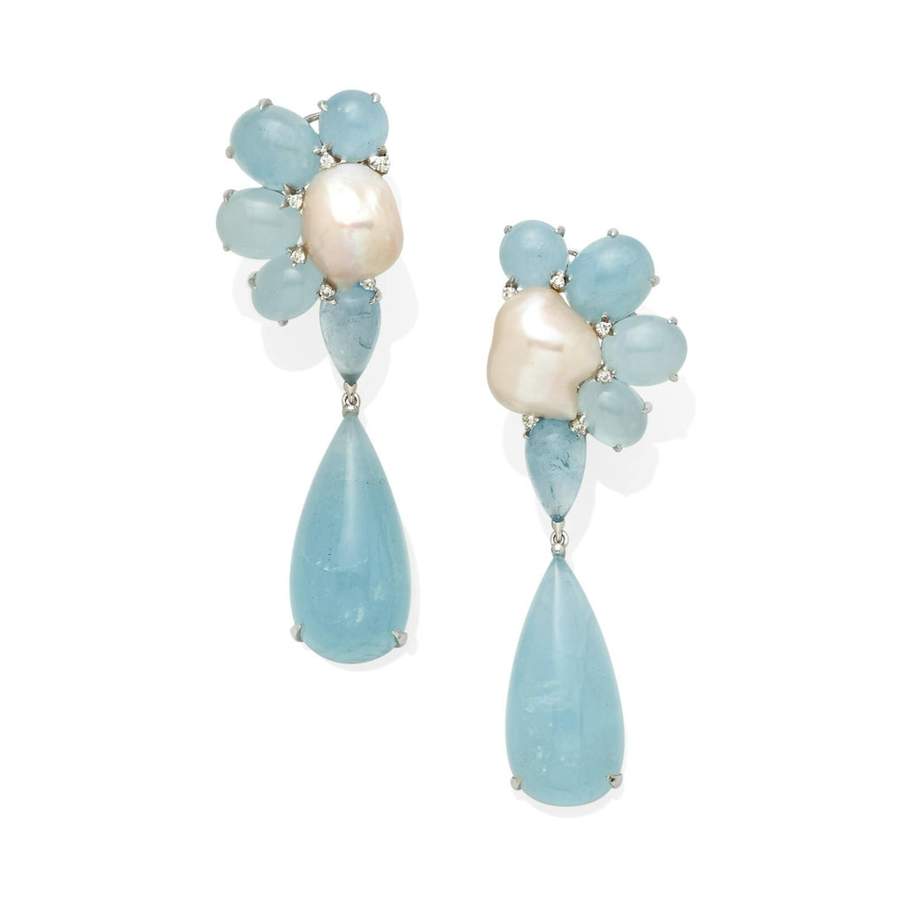 18k White Gold Baroque Cultured Pearl, Aquamarine and Diamond Pendant Earrings