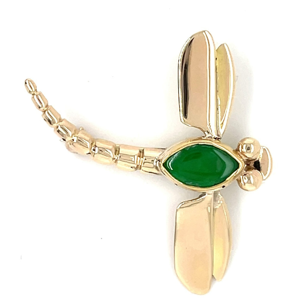 14K Yellow Gold Jade Cabochon Dragonfly Brooch Pin