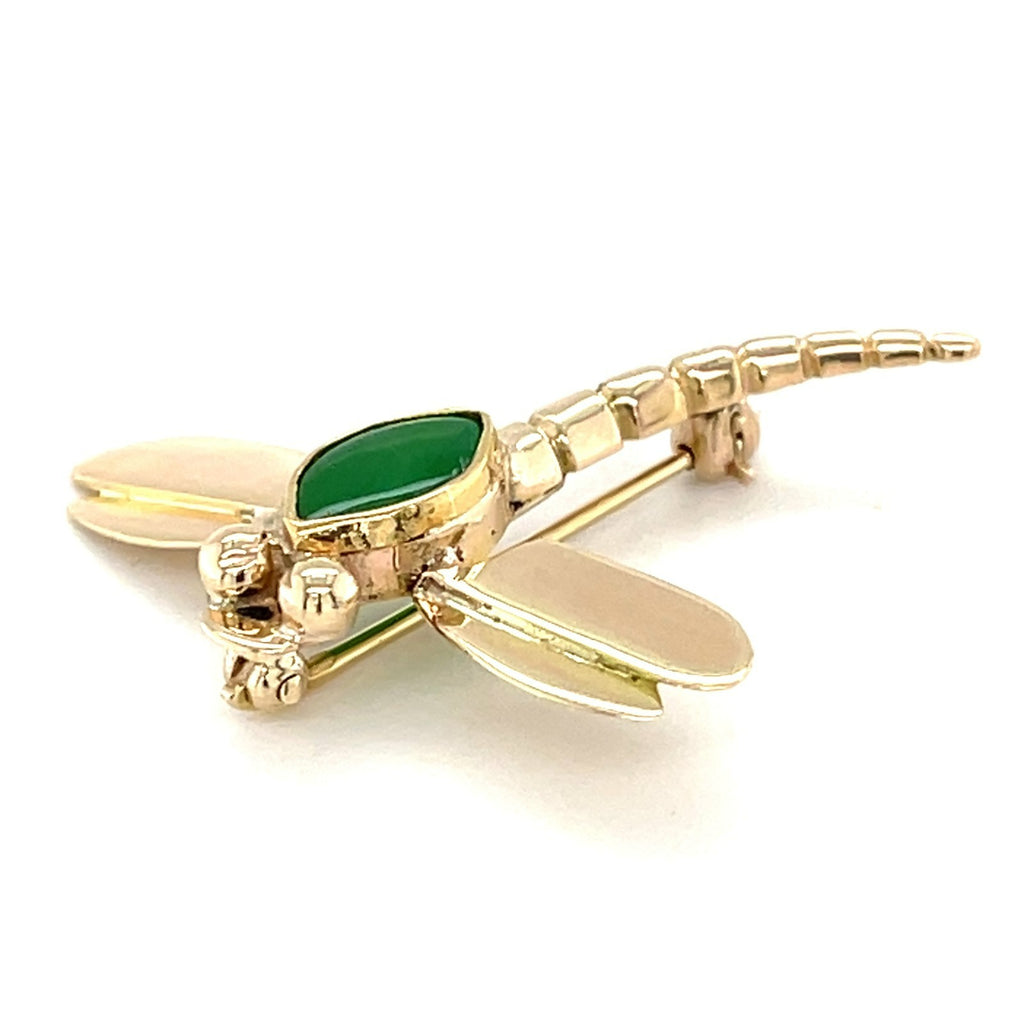 14K Yellow Gold Jade Cabochon Dragonfly Brooch Pin