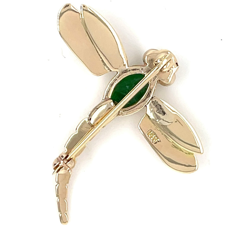 14K Yellow Gold Jade Cabochon Dragonfly Brooch Pin