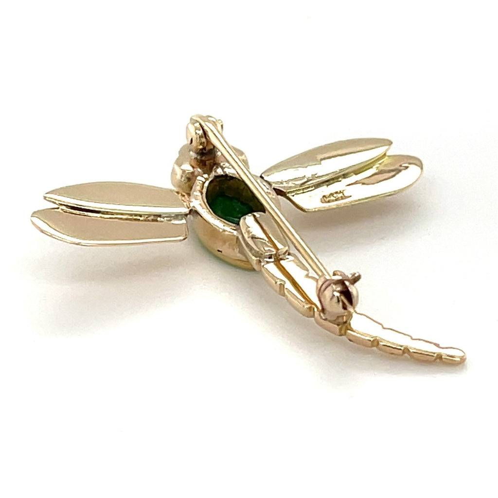 14K Yellow Gold Jade Cabochon Dragonfly Brooch Pin