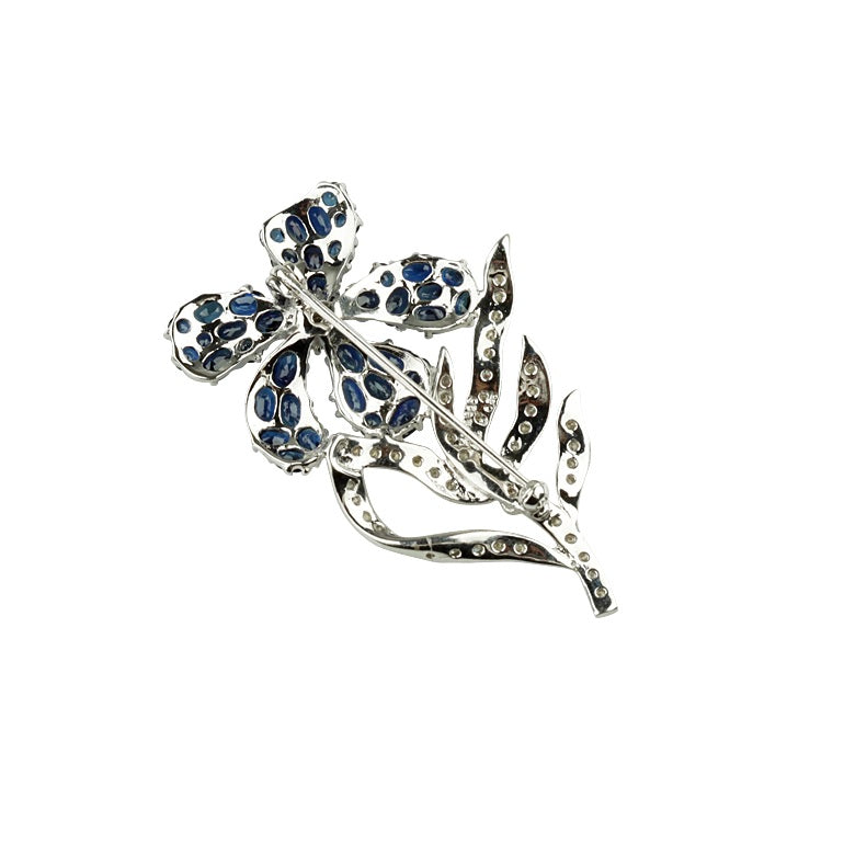14k White Gold Sapphire and Diamond Flower Brooch TCW = 9.81 cts