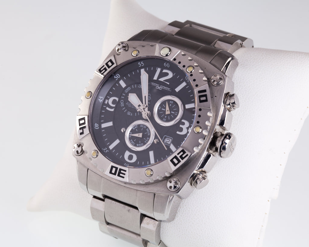 Jorg Gray 9800 Big Sport Chrono Steel 45mm Watch Black Dial