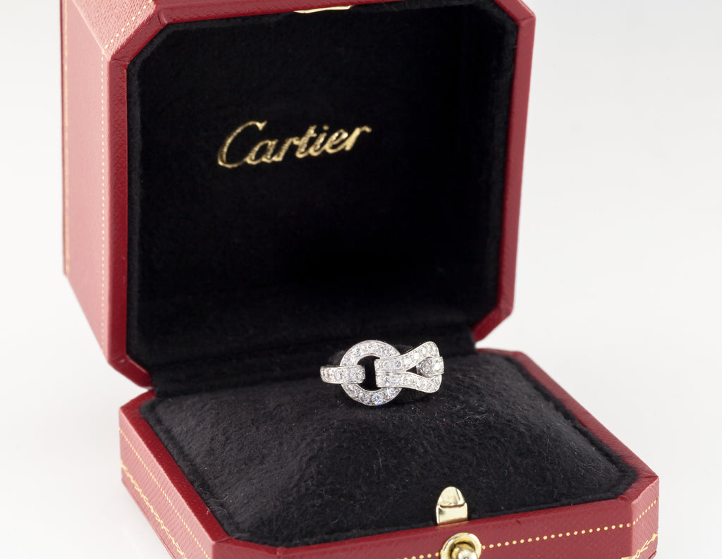 Cartier 18k White Gold Agrafe Band Ring 0.94 Ct Size 4 w/ Original Box