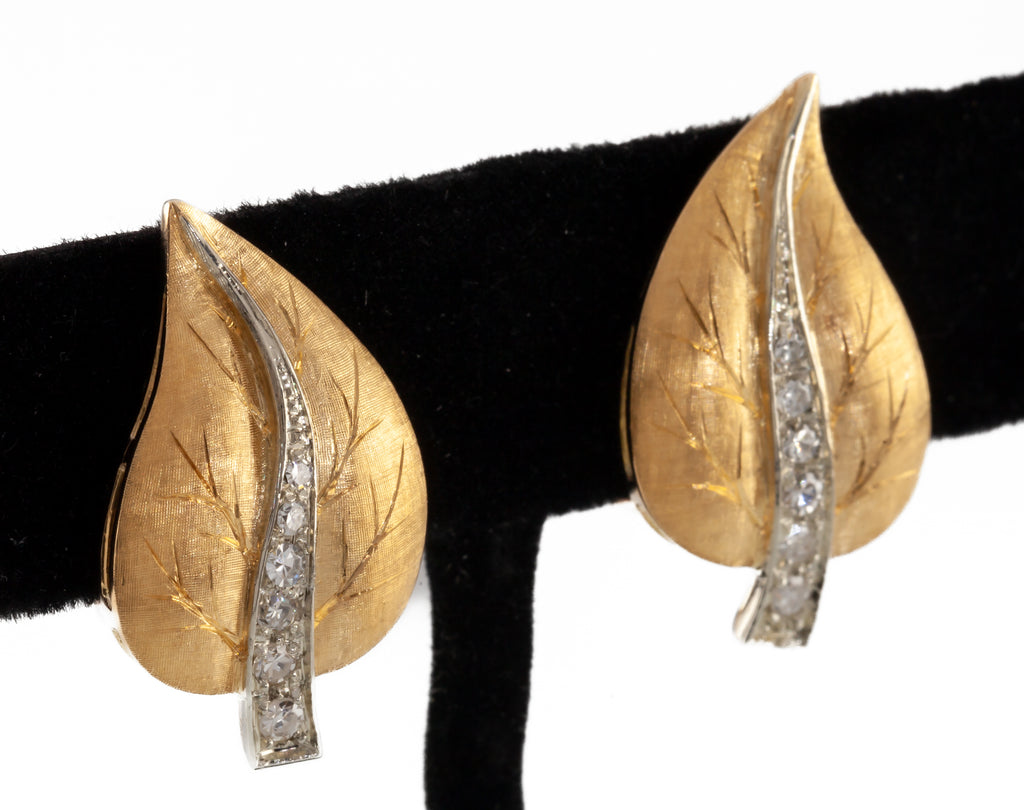18k Yellow Gold Diamond Leaf Earrings Gorgeous Vintage Look! TDW = 0.25 Ct