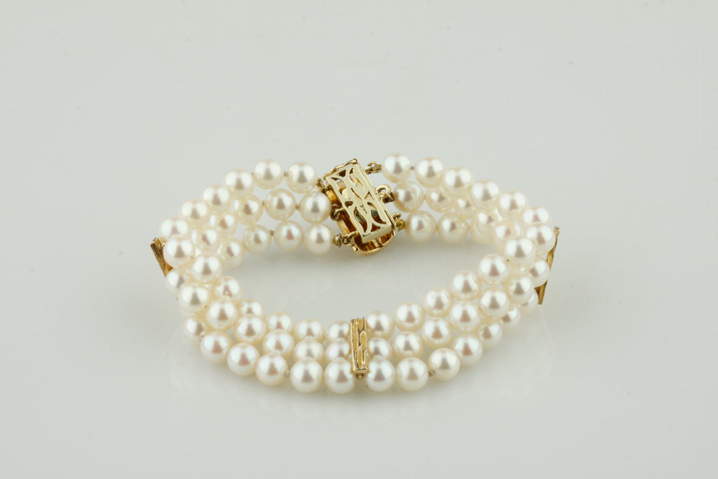 14k Yellow Gold Three-Strand Pearl Bracelet w/ Gold Accents 7" Long