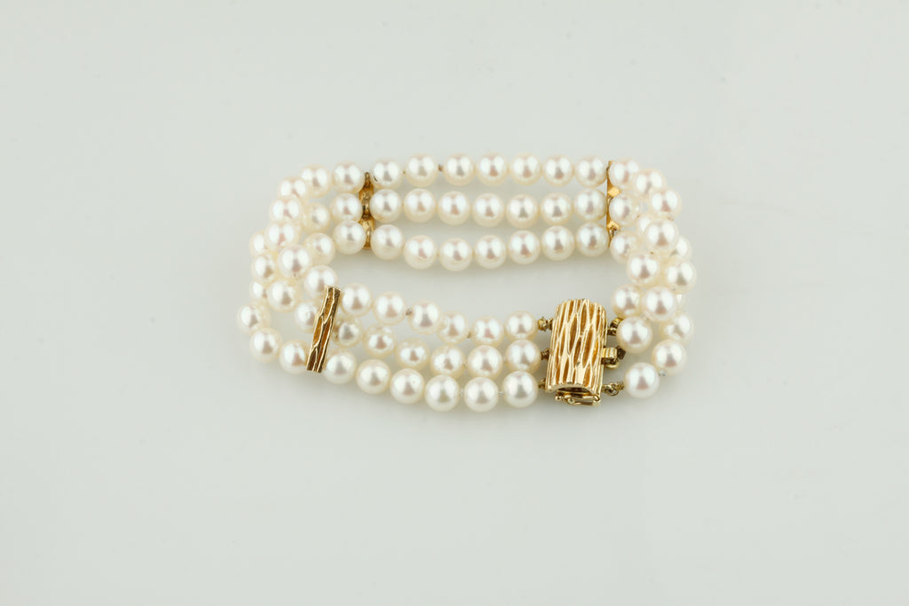 14k Yellow Gold Three-Strand Pearl Bracelet w/ Gold Accents 7" Long