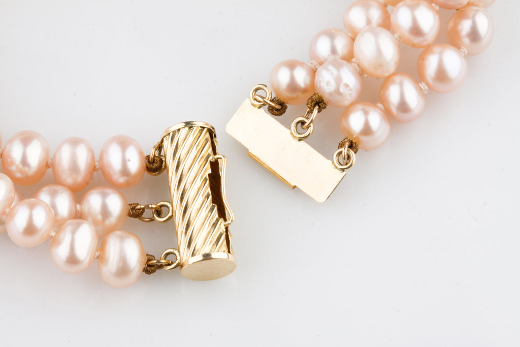 Gorgeous 14k Yellow Gold 3-Row Pearl Strand Bracelet 7.5" Long