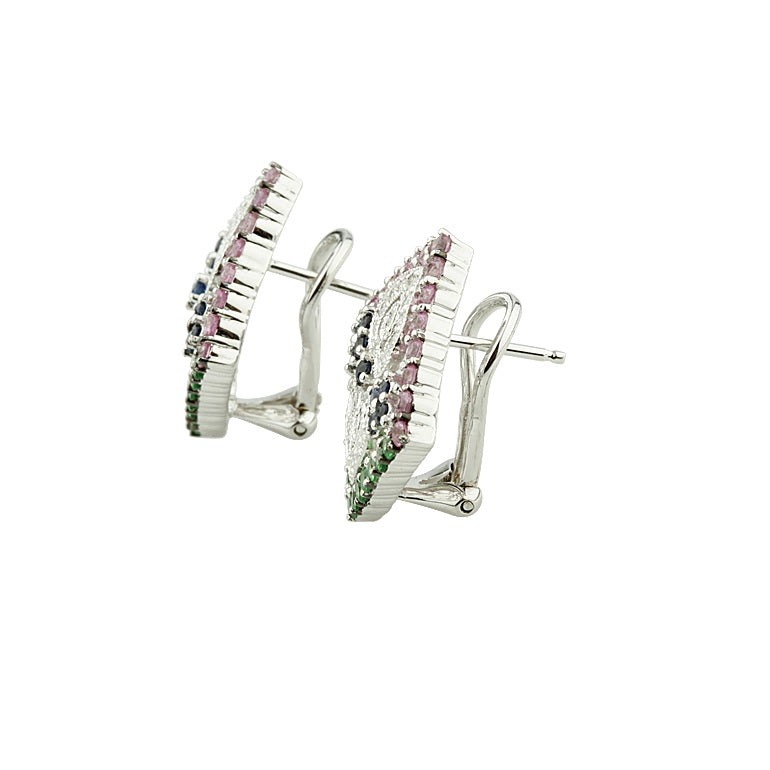 Gorgeous 14k White Gold Multi-Color Sapphire and Diamond Plaque Earrings 2.87 Ct
