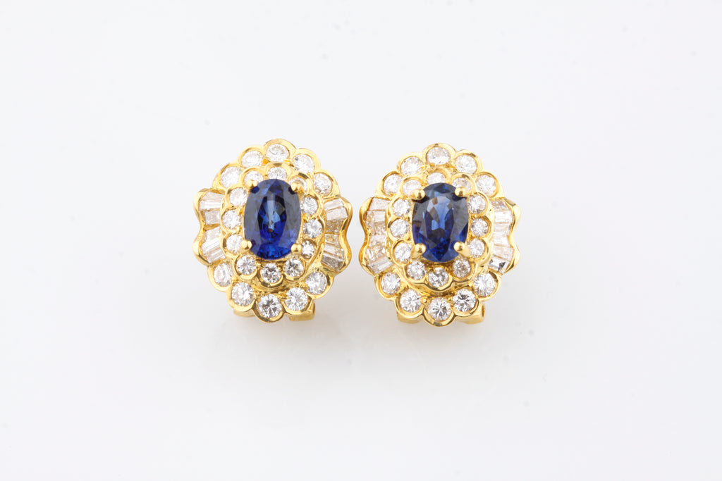 18k Gold Oval Sapphire Huggie Earrings with Double Diamond Bezel TCW = 4 Cts