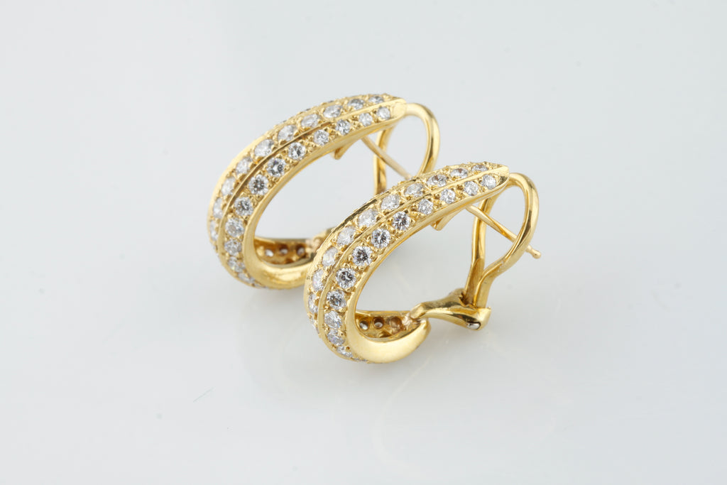 18k Yellow Gold Pave Diamond Three-Row Huggie Earrings TDW = 2.75 Ct