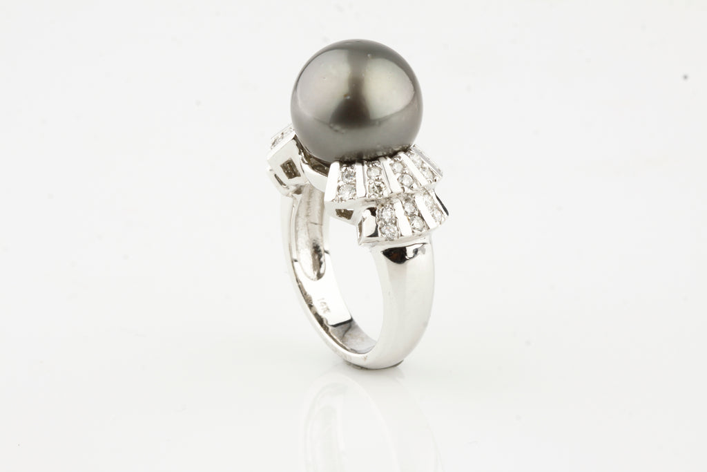 Art Deco Inspired 14k White Gold Tahitian Pearl Solitaire Ring w/ 0.66 ct Dia