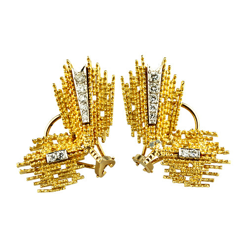 Gorgeous 18k Gold/Platinum Diamond Brooch and Earring Set 1960s TDW = 1.80 Cts