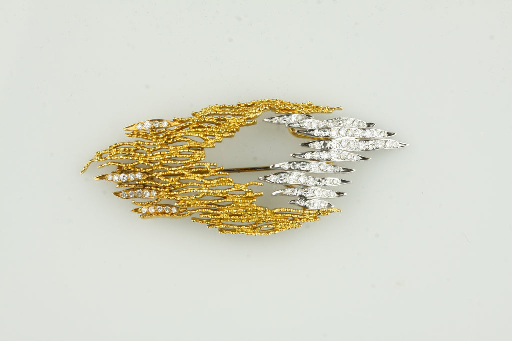 Gorgeous 18k Gold/Platinum Diamond Brooch and Earring Set 1960s TDW = 1.80 Cts