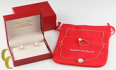 American Pearl 14k Yellow Gold Pendant  Stud Earring Set w Box Gift for Her!