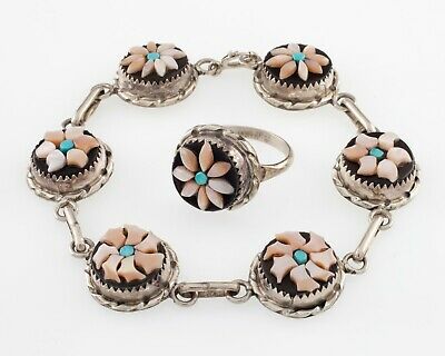 Rose Calavaza Zuni Pink Shell, Jet, Turquoise Bracelet and Matching Ring set