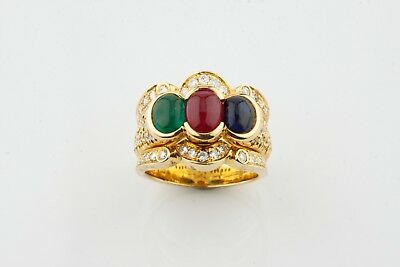 Blue Sapphire, Ruby, Emerald & Diamond 18k Yellow Gold Cocktail Ring Size 7