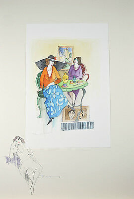 "Two at Tea in Tel Aviv" By Itzchak Tarkay Signed Original Watercolor & Pencil