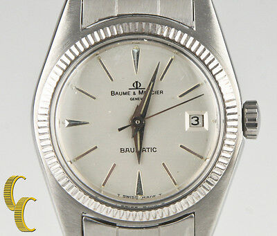 Vtg Ladies Baume & Mercier Stainless Steel Baumatic Automatic Watch w/ Date 1215
