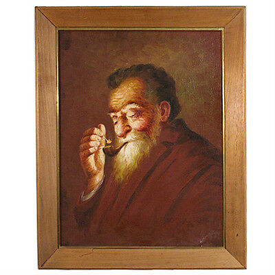 Untitled (Old Man Smoking Pipe) by Hector Moncayo Signed Framed Oil on Canvas