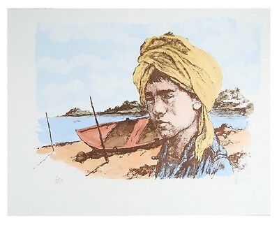 "Boy At The Harbor" By William Weintraub Hand-Colored Lithograph 19 3/4"x25 1/2"