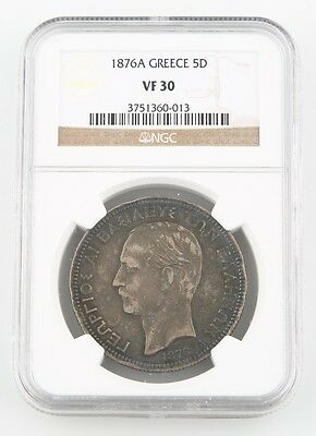 1876-A Greece 5 Drachmai Silver Coin VF-30 NGC Arms Within Crowned Mantle KM-46