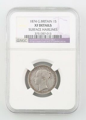 1874 Great Britain 1 Shilling Silver Coin Slabbed XF NGC KM 734.2 Die 60 England