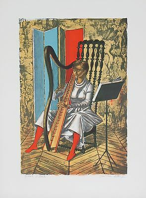 "PLAYING THE HARP" BY ALAUX, JEAN-PIERRE EA SIGNED LITHOGRAPH 18 X 12 W/ CoA