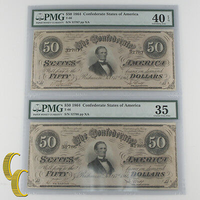 Lot of 2 Sequential 1864 Confederate $50 Graded by PMG as Ch VF-35 & XF-40 EPQ