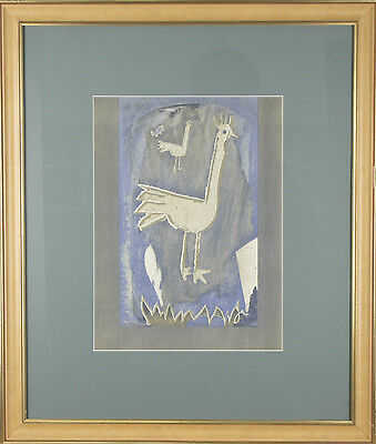 Untitled (Two Chickens on Blue Background) Framed and Matted Print 24"x20 1/2"