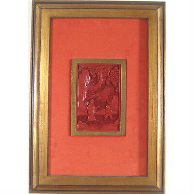 Pair of (2) Framed Antique Asian Cinnabar Carvings 11 7/8"x17" Each