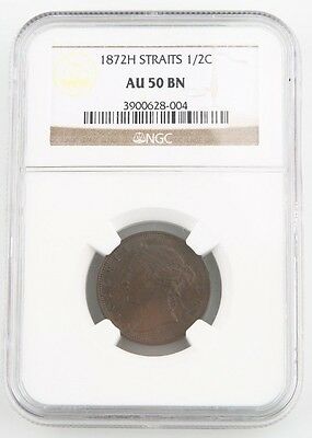 1872-H Straits Settlements 1/2 Cent Coin Graded by NGC AU-50 BN  KM# 8