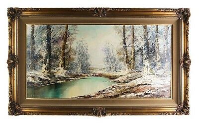 Untitled Painting Winter Scene by Aldo Mantovani Oil on Canvas 28 x 47" Repaired