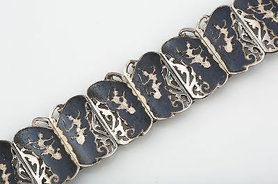 VINTAGE SIAMESE STERLING SILVER AND NIELLO ETCHED BUTTERFLY LINK PANEL BRACELET