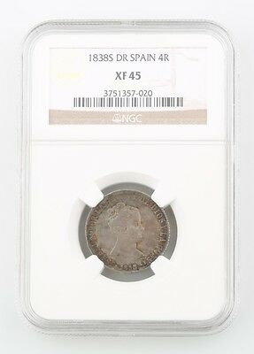 1838-S DR Spain 4 Reales Silver Coin Slabbed XF-45 NGC Graded Seville