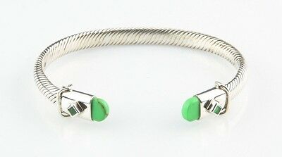Sterling Silver Cable Cuff Bracelet w/ Green Accents 7" Long 6 mm Wide 28.7 g