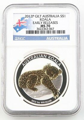 2012-P Australia Dollar 1oz Gilded Silver Koala NGC MS-70 Slabbed Early Releases