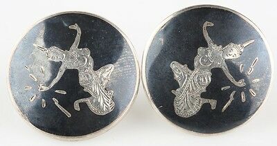 Vintage Sterling Silver Siamese Niello Etched Disk Earrings w/ Screw Backs