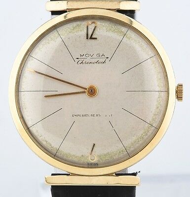 Vintage 14k Yellow Gold Men's Moviga Hand-Winding Watch w/ Leather Strap