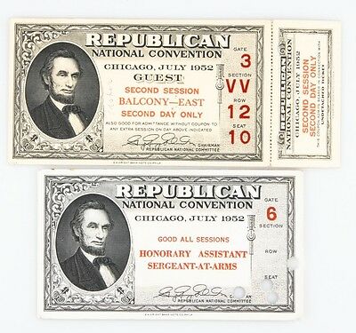 Lot of 2 1952 Republican National Convention Tickets (1 Unripped), AU Condition