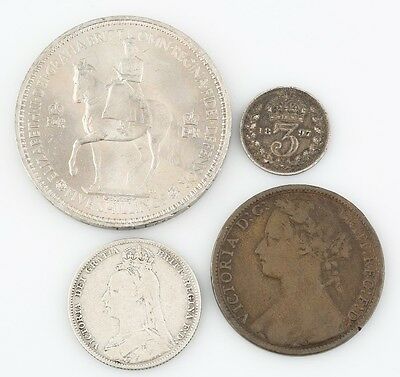 Great Britain Coin Lot 1876 Penny 1892 Shilling 1897 3 Pence 1953 Crown VF-UNC