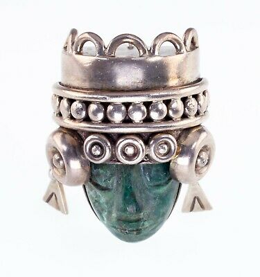 Green Calcite Aztec Mask Figure Brooch By Los Ballesteros Taxco Mexico