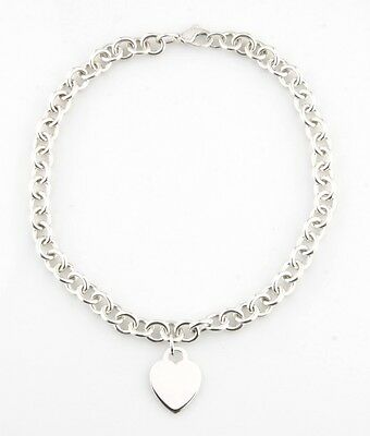 TIFFANY & CO. STERLING SILVER ROUND LINK BLANK HEART TAG CHARM NECKLACE 16" L